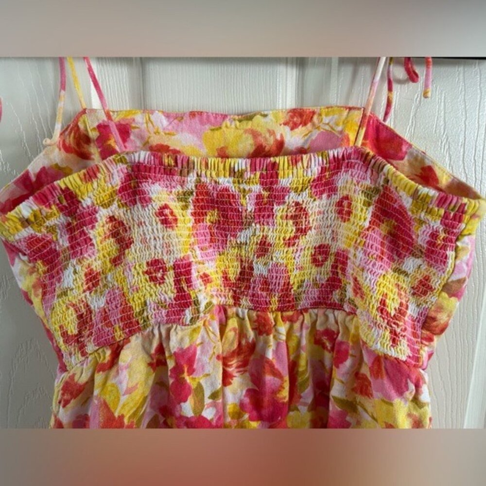 Old Navy Sz Small Yellow Pink Floral Mini Dress Tie Straps Linen Blend Pockets - Picture 5 of 15